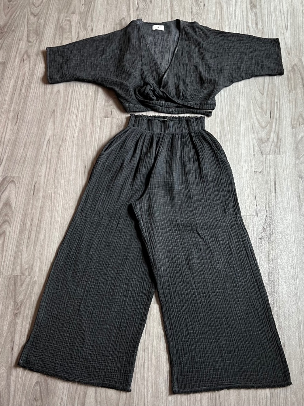 Pokoloko Crinkled Cotton Top + Pants Set (One Size, Washed Black, NWOT)